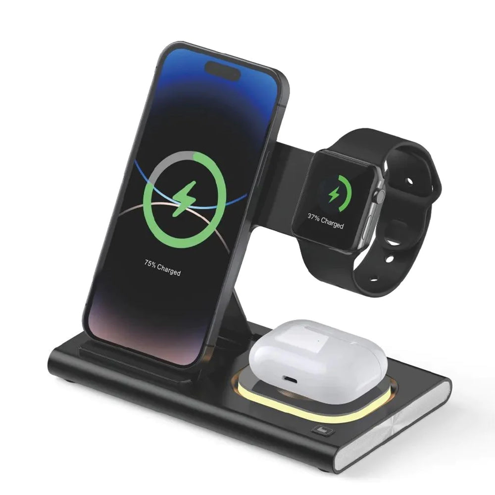Station d'accueil de support de chargeur sans fil magnétique pliable 4 en 1 avec veilleuse Station d'accueil de support de chargeur sans fil magnétique pliable 4 en 1 avec veilleuse